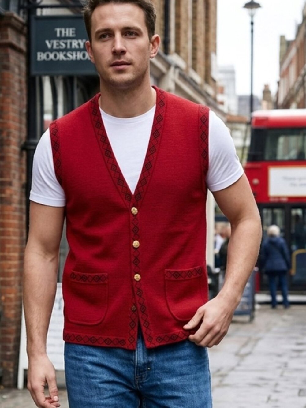 Vintage red wool vest with gold-tone buttons and black metallic thread